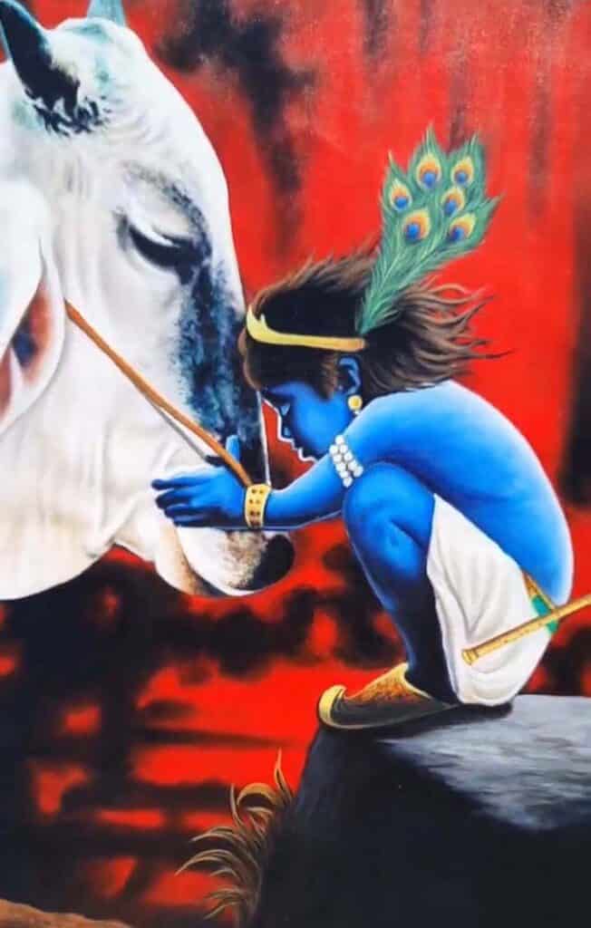 Painting of Krishna, Krishna playing with cow on canvas - International ...