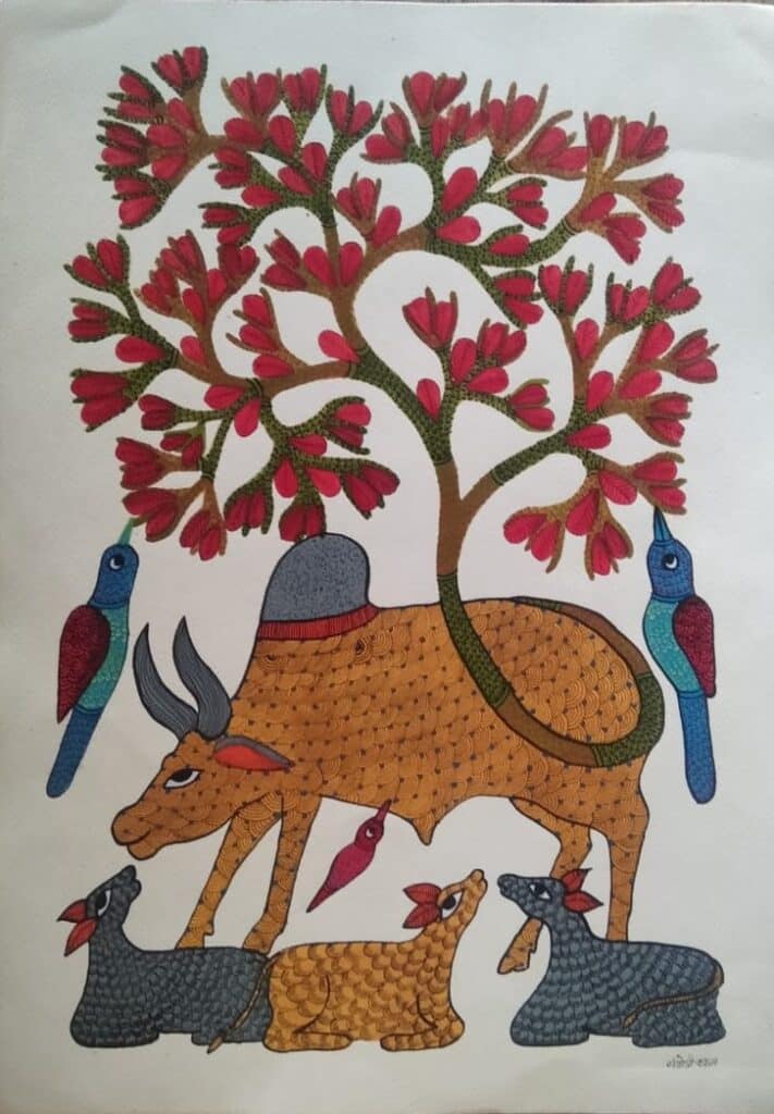 Gond Art 1 21cms X 30cms International Indian Folk Art Gallery   Gond Art Santoshi Shyam 01 711x1024 