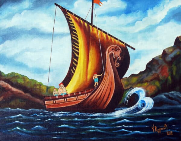 SPECTACULAR SAIL The painting beautifully portrays the majestic boat used in ancient India.