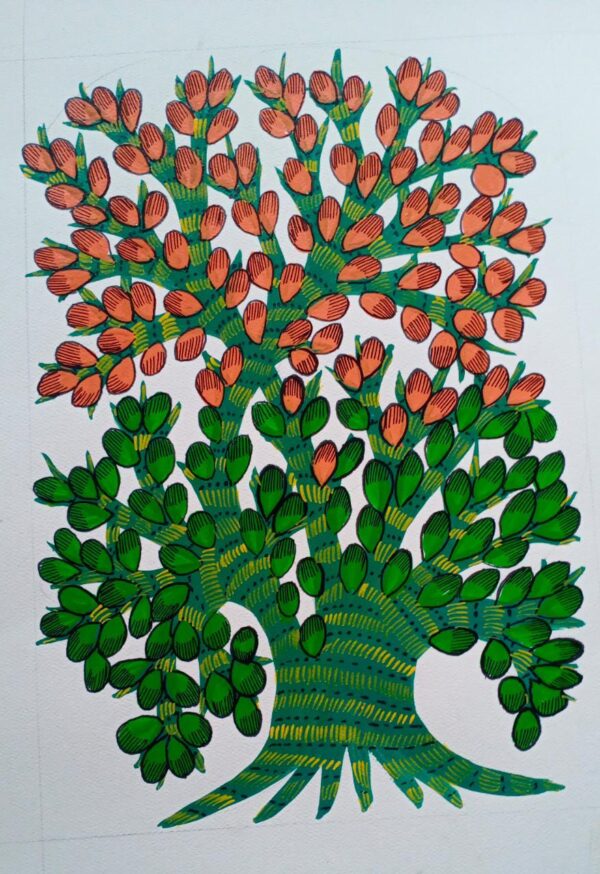 Gond Painting Gond is a form of Indian folk and tribal art named after the largest tribe of central India with the same name. The word Gond is a derivation of the konda word meaning green hill which consists of parts of Madhya Pradesh, Chattishgarh, Andhra Pradesh, Maharashtra, and Orissa. The inspiration behind Gond art is almost always nature and social customs represented through a repetitive patterning of dots and dashes.