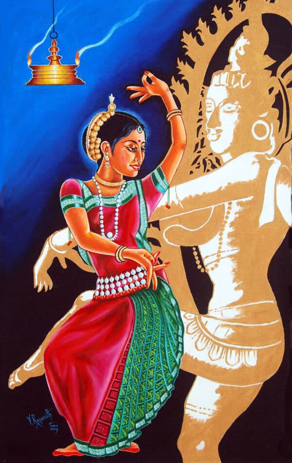 KUCHIPUDI— the Dance of Delight Out of Eleven classical Dances that emerged from whole of India, four originated from south India. Kuchipudi is one among them. As it existed in a village named kuchipudi much before known around, the dance is called Kuchipudi Dance. The ancient Sanskrit texts, being the source and reference of all classical dances of south India, there are lot of similarities between BaharathaNatyam and kuchipudi in form, content and presentation. Giving facial and hand expression in eloquent manner with in the orbit of natyasasathra is the hall mark of kuchipudi dance system. This painting has a mix of vibrant colours and creative use of shapes and varied patterns and techniques. Size: 29”x18”. Year 2019. Unframed. Rolled. Original painting oil on canvas. Signed.