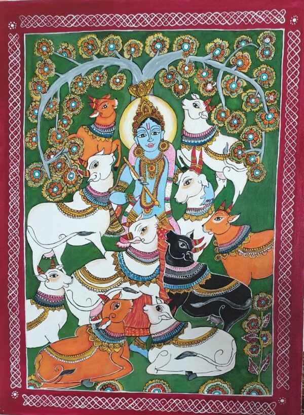 Krishna and his divine cows - Kalamkari painting - Shanthi - 02