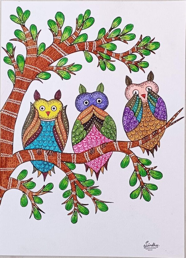 Three Wise Owl - Gond painting - Sindhu - 04